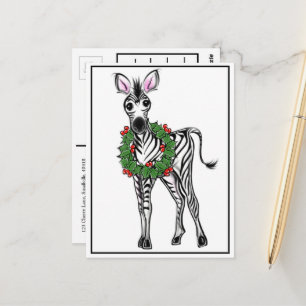 Festive holiday Zebra   red green Xmas wreath  Postcard