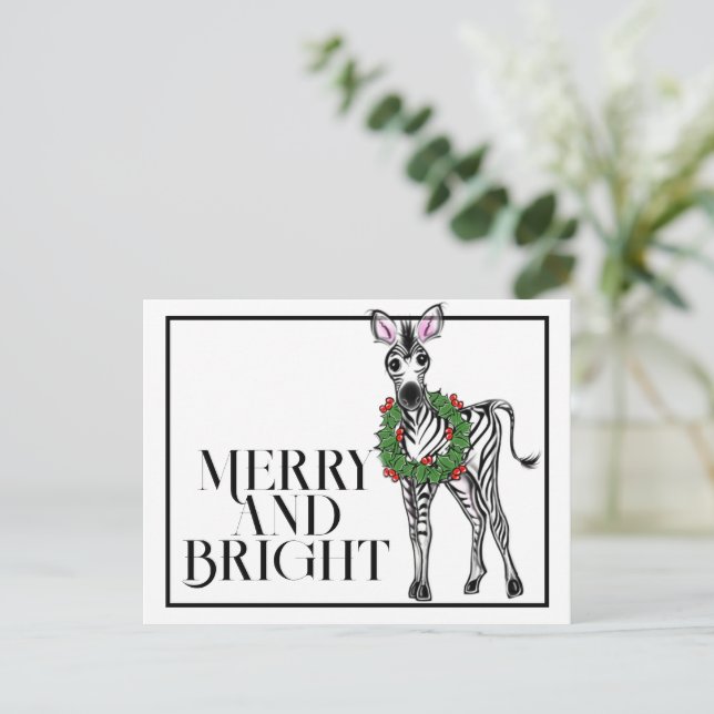 Festive holiday Zebra | red green Xmas wreath  Postcard (Standing Front)