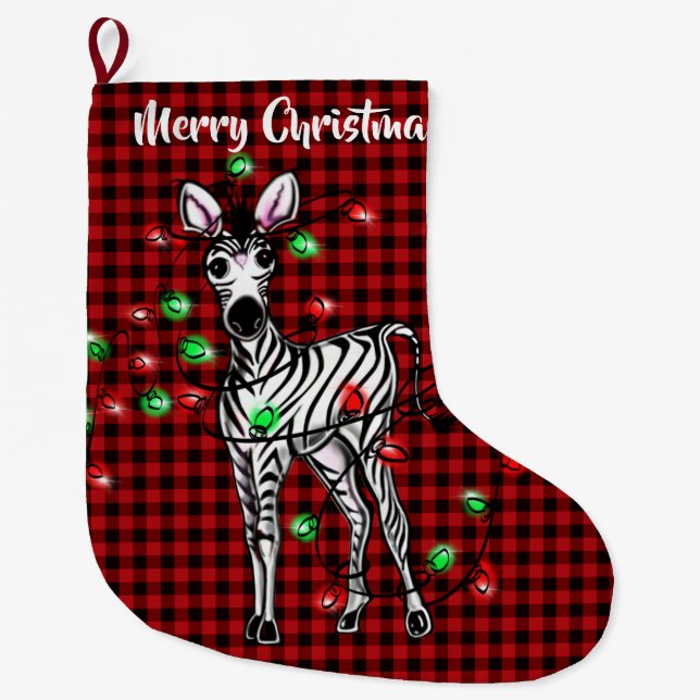 Festive Holiday Zebra, twinkle light buffalo plaid Large Christmas Stocking (Front)