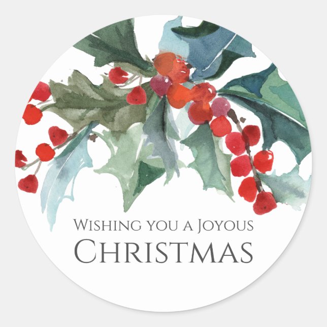 Festive Holly and Berries Evergreens Christmas Classic Round Sticker (Front)