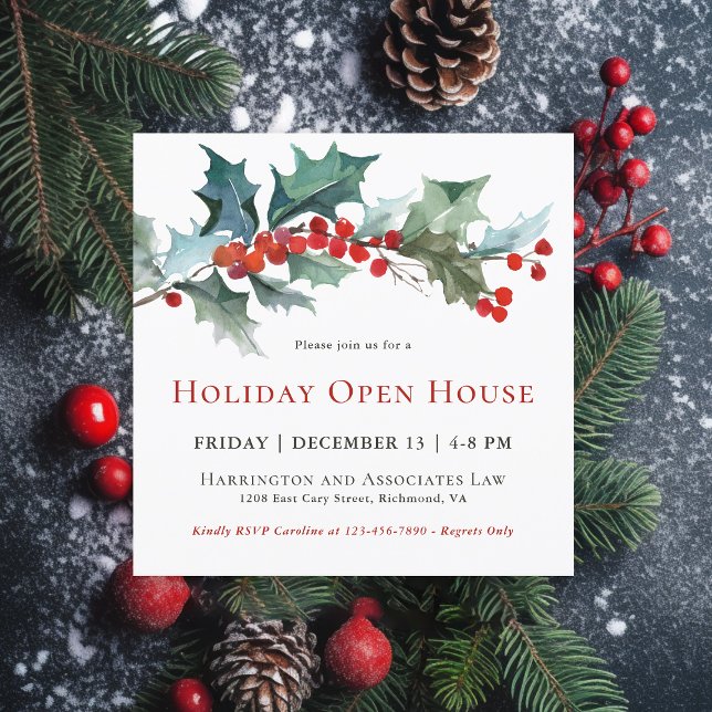 Festive Holly and Berries Holiday Open House Invitation (Available in both printed and instant download digital formats.)