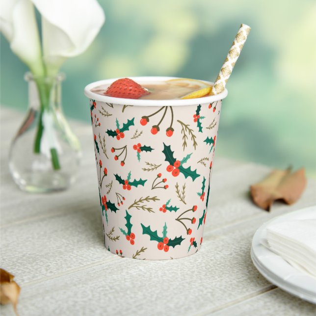 Festive Holly and Berries Holiday Paper Cups (Insitu)