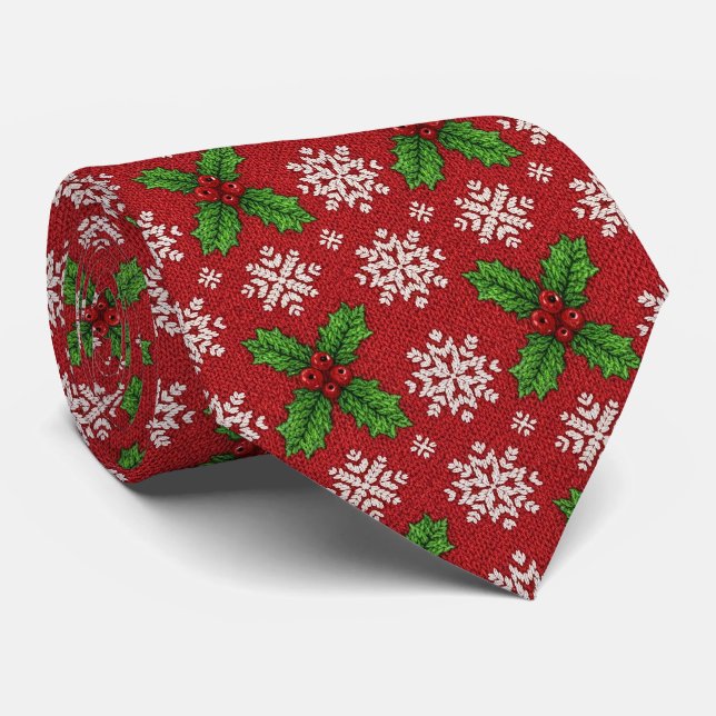 Festive Holly and Snowflake Knit Pattern – Red (2) Tie (Rolled)