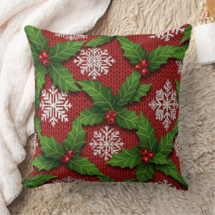 Festive Holly and Snowflake Knit Pattern – Red Cushion