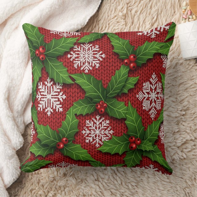 Festive Holly and Snowflake Knit Pattern – Red Cushion (Blanket)