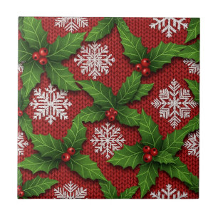 Festive Holly and Snowflake Knit Pattern – Red Tile