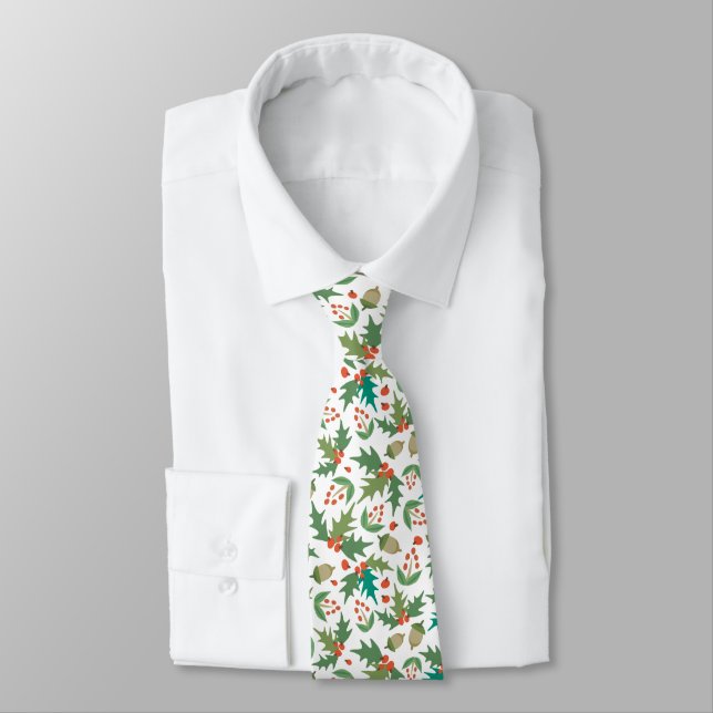 Festive Holly & Berries Christmas Greenery Tie (Tied)