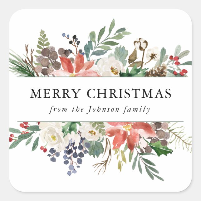 Festive Holly Berries & Floral Merry Christmas Square Sticker (Front)