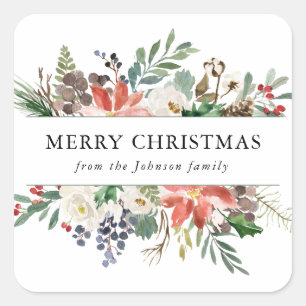 Festive Holly Berries & Floral Merry Christmas Square Sticker