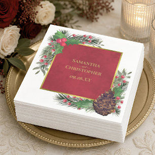 Festive Holly Berries & Pine Holiday Wedding Napkin