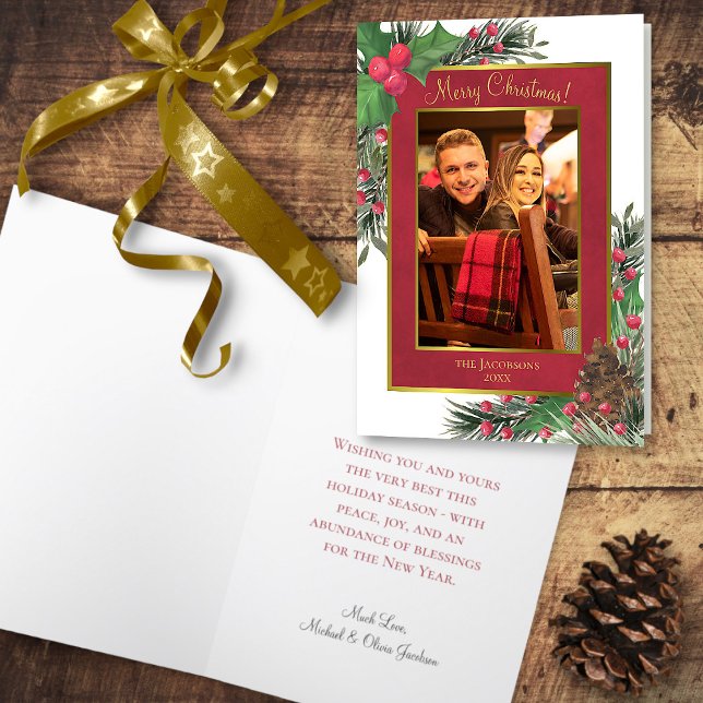 Festive Holly Berries & Pine Merry Christmas Photo Holiday Card (In Situ Front/Open)