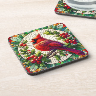 Festive Holly & Berries Stained Glass Cardinal Coaster