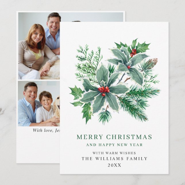 Festive Holly Berry 3 PHOTO Christmas Greeting Holiday Card (Front/Back)