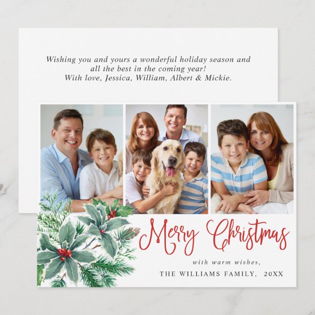 Festive Holly Berry 3 PHOTO Christmas Greeting Holiday Card (Front/Back)