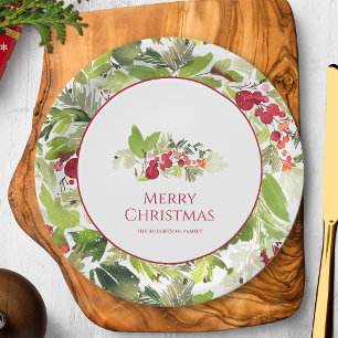 Festive Holly Berry and Evergreen Christmas Paper Plate