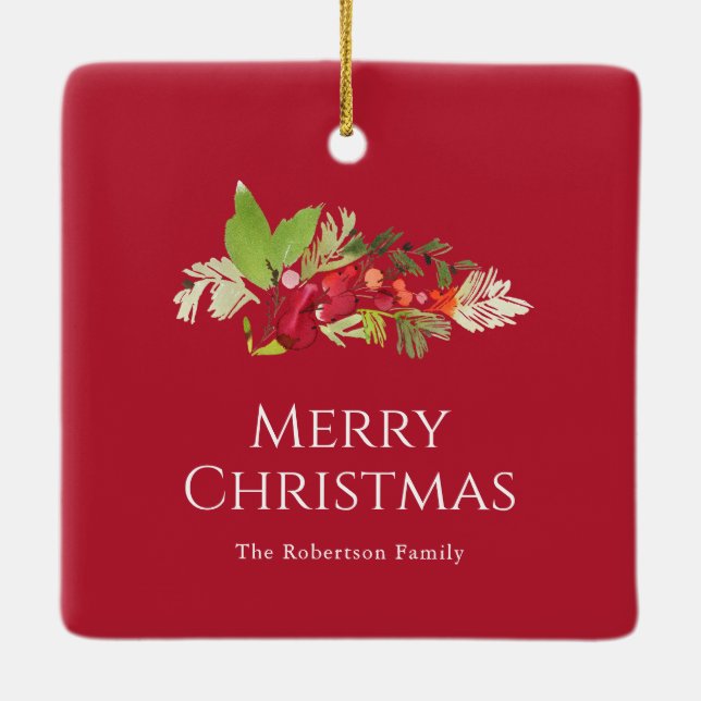 Festive Holly Berry and Evergreen Watercolor Ceramic Ornament (Back)