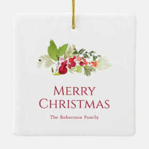 Festive Holly Berry and Evergreen Watercolor Ceramic Ornament