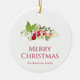 Festive Holly Berry and Evergreen Watercolor Ceramic Tree Decoration