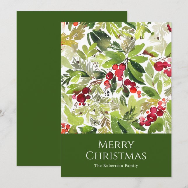 Festive Holly Berry and Evergreen Watercolor  Holiday Card (Front/Back)