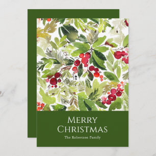 Festive Holly Berry and Evergreen Watercolor  Holiday Card