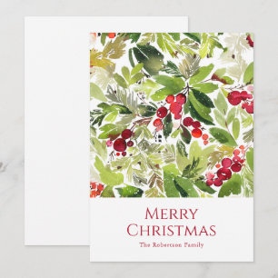 Festive Holly Berry and Evergreen Watercolor Holiday Card