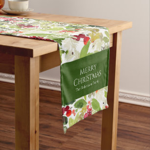 Festive Holly Berry and Evergreen Watercolor  Long Table Runner
