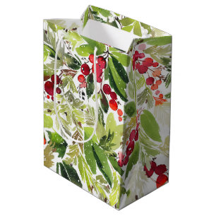Festive Holly Berry and Evergreen Watercolor Medium Gift Bag