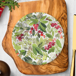Festive Holly Berry and Evergreen Watercolor Paper Plate