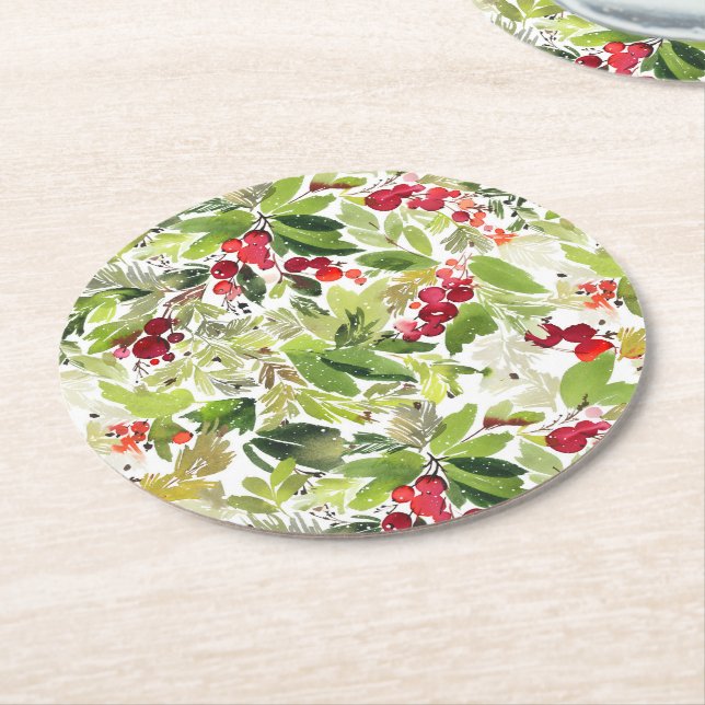 Festive Holly Berry and Evergreen Watercolor Round Paper Coaster (Angled)