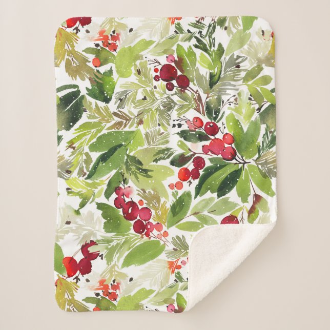 Festive Holly Berry and Evergreen Watercolor Sherpa Blanket (Front)