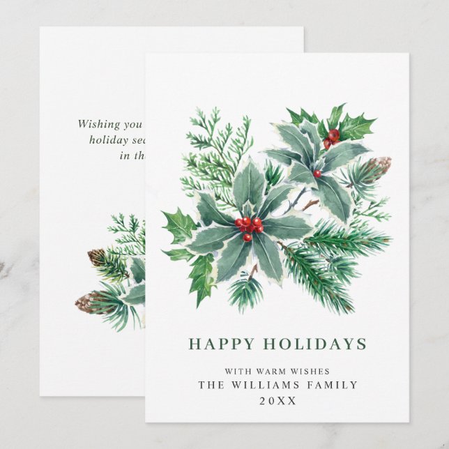 Festive Holly Berry Branch Christmas Greeting Holiday Card (Front/Back)