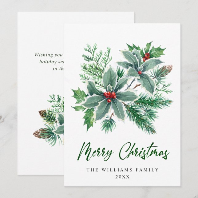 Festive Holly Berry Branch Christmas Greeting Holiday Card (Front/Back)