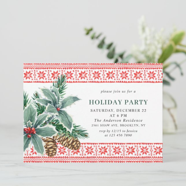 Festive Holly Berry Branch Holiday Christmas Invitation (Standing Front)