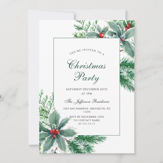 Festive Holly Berry Branch Holiday Christmas Party Invitation (Front)