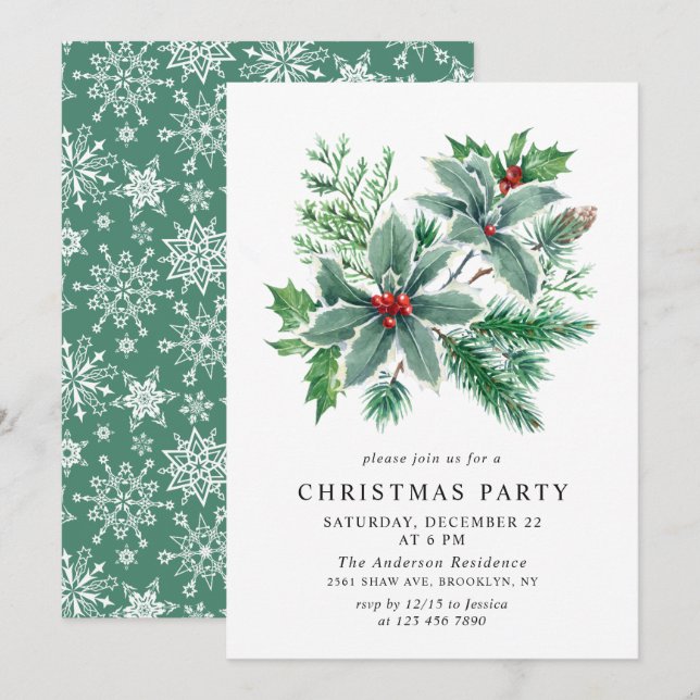 Festive Holly Berry Branch Holiday Christmas Party Invitation (Front/Back)