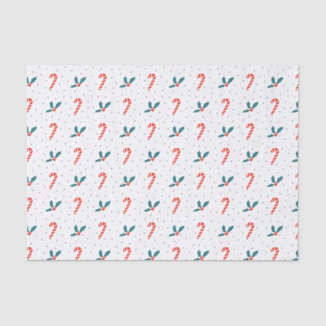 Festive Holly Berry & Cane Pattern Christmas Tissue Paper (Front)