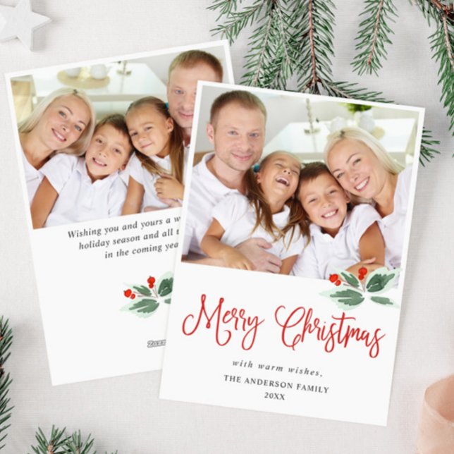 Festive Holly Berry Christmas Greeting 2 PHOTO Holiday Card (Creator Uploaded)