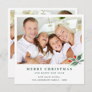 Festive Holly Berry Christmas Greeting 2 PHOTO Holiday Card