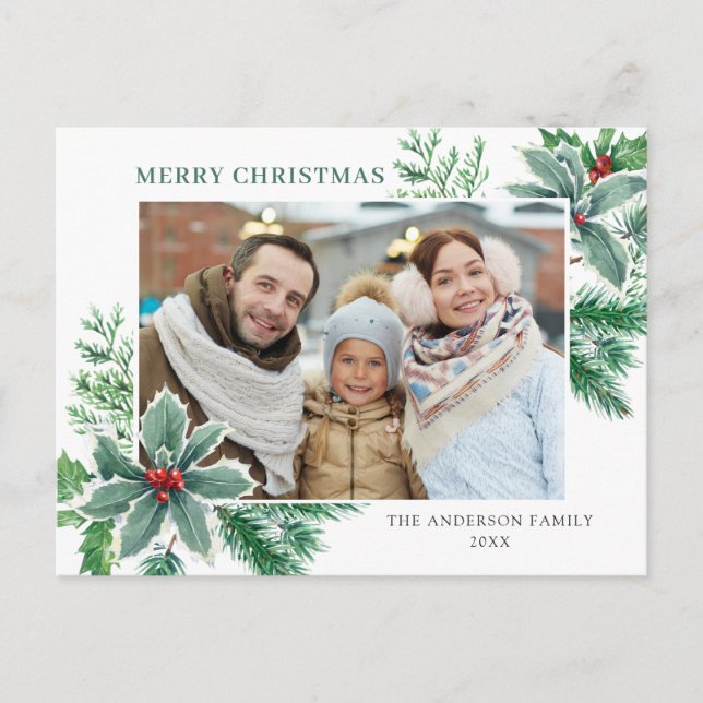 Festive Holly Berry Christmas Greeting Holiday Postcard (Front)