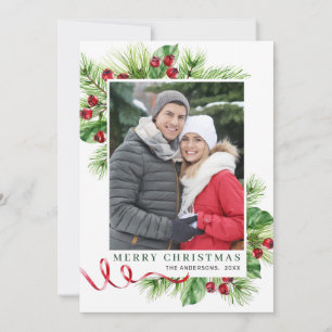 Festive Holly Berry Christmas Greeting Photo Holiday Card