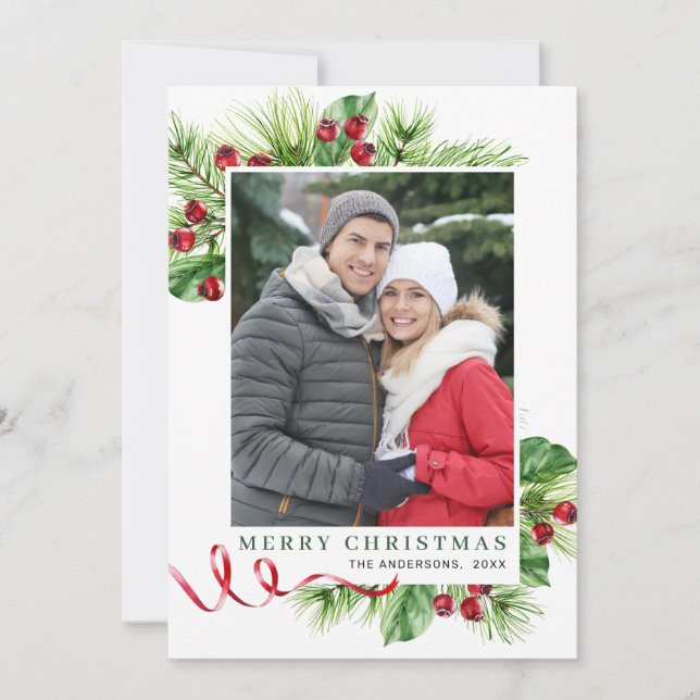 Festive Holly Berry Christmas Greeting Photo Holiday Card (Front)