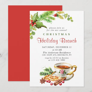 Festive Holly Berry Christmas Holiday Branch Invitation
