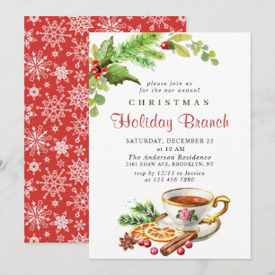 Festive Holly Berry Christmas Holiday Branch Invitation
