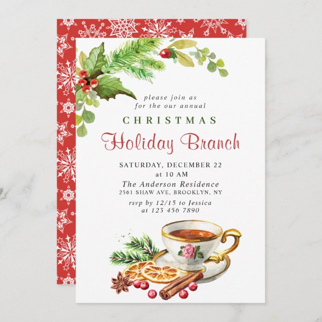 Festive Holly Berry Christmas Holiday Branch Invitation (Front/Back)