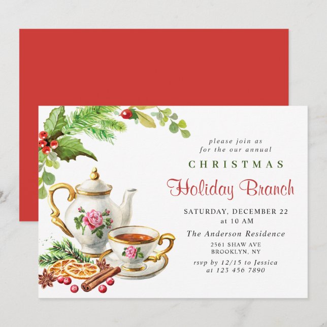 Festive Holly Berry Christmas Holiday Branch Invitation (Front/Back)