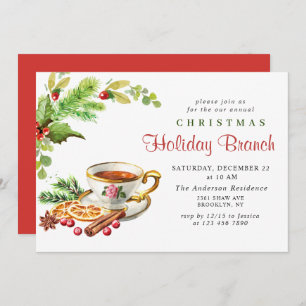 Festive Holly Berry Christmas Holiday Branch Invitation