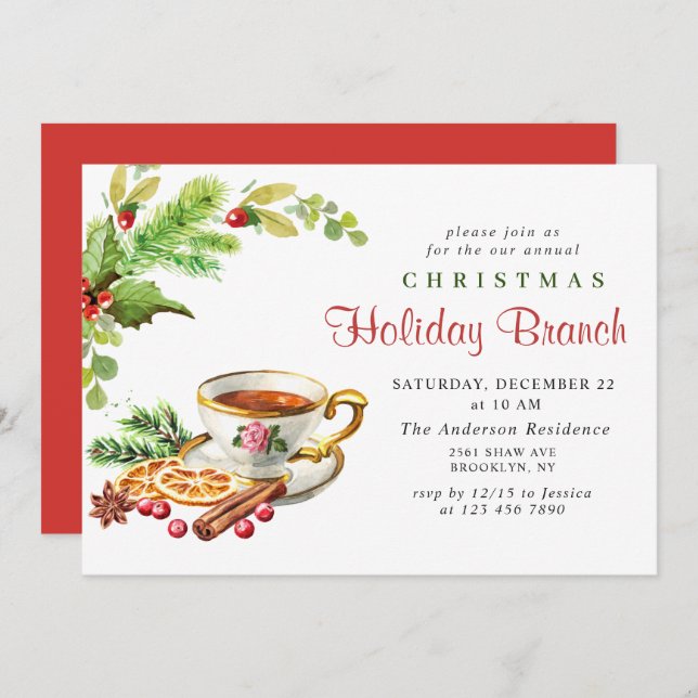 Festive Holly Berry Christmas Holiday Branch Invitation (Front/Back)