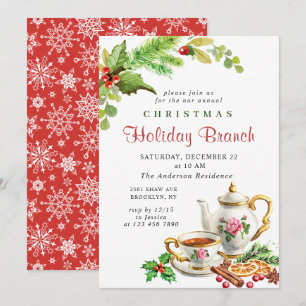 Festive Holly Berry Christmas Holiday Branch Invitation