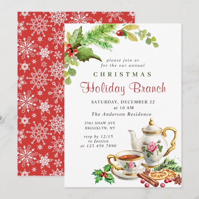 Festive Holly Berry Christmas Holiday Branch Invitation (Front/Back)