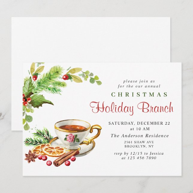 Festive Holly Berry Christmas Holiday Branch Invitation (Front/Back)